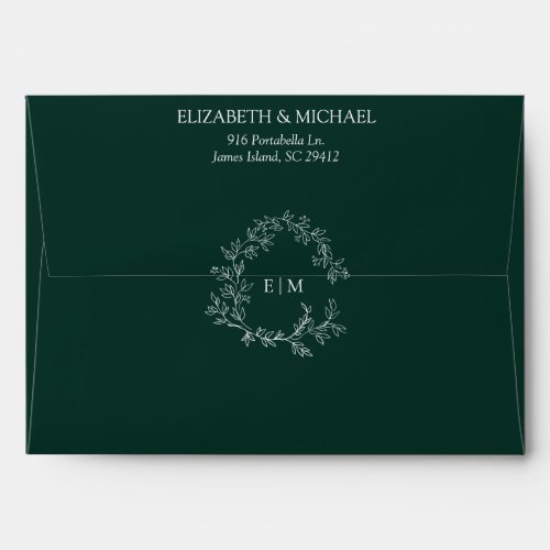 Modern Emerald Green Leafy Crest Monogram Wedding Envelope