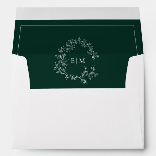 Modern Emerald Green Leafy Crest Monogram Wedding Envelope