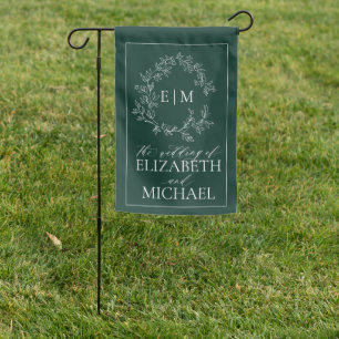 Modern Emerald Green Leafy Crest Monogram Wedding Garden Flag