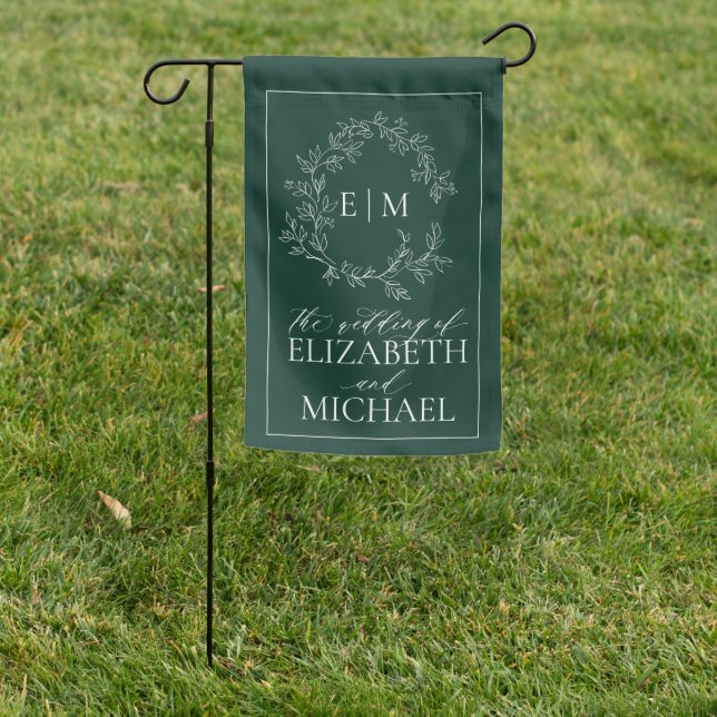 Modern Emerald Green Leafy Crest Monogram Wedding Garden Flag (In SItu)