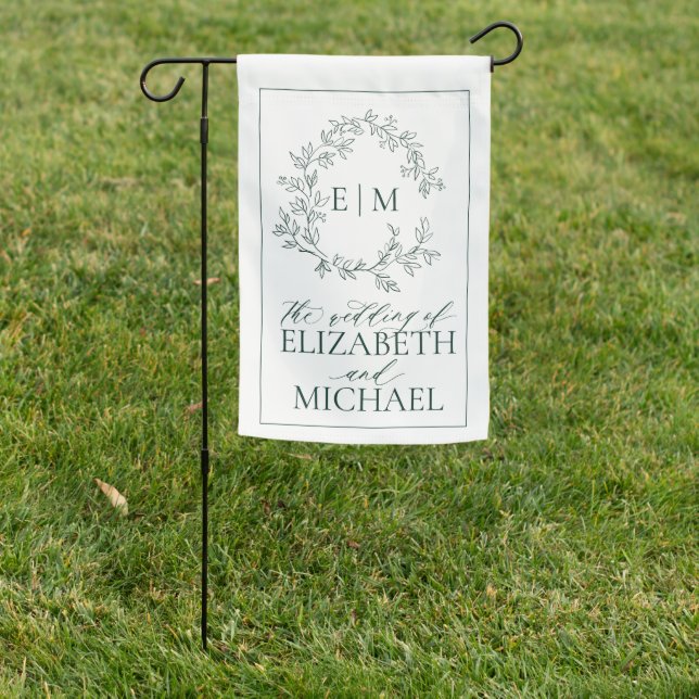 Modern Emerald Green Leafy Crest Monogram Wedding Garden Flag (In SItu)
