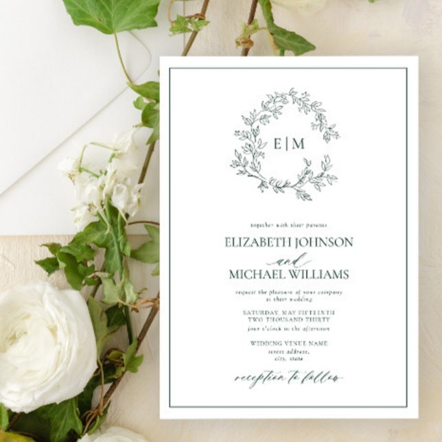 Modern Emerald Green Leafy Crest Monogram Wedding Invitation (Creator Uploaded)