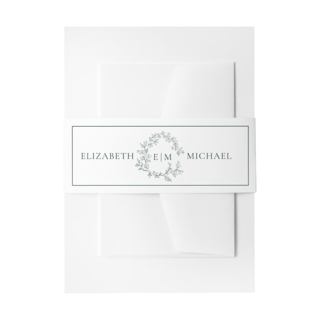 Modern Emerald Green Leafy Crest Monogram Wedding Invitation Belly Band (Front Example)