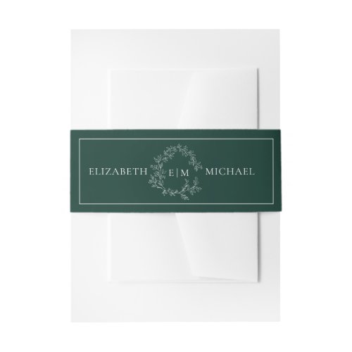 Modern Emerald Green Leafy Crest Monogram Wedding Invitation Belly Band