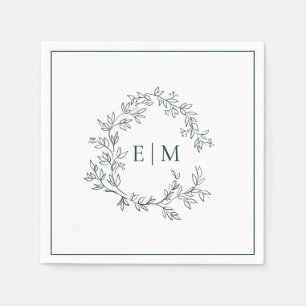 Modern Emerald Green Leafy Crest Monogram Wedding Napkins