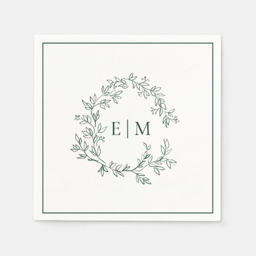 Modern Emerald Green Leafy Crest Monogram Wedding Napkins