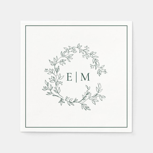 Modern Emerald Green Leafy Crest Monogram Wedding Napkins (Front)