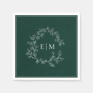 Modern Emerald Green Leafy Crest Monogram Wedding Napkins