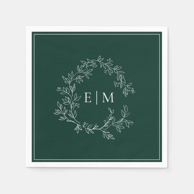 Modern Emerald Green Leafy Crest Monogram Wedding Napkins (Front)