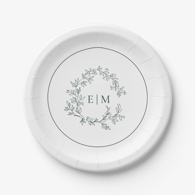 Modern Emerald Green Leafy Crest Monogram Wedding Paper Plates (Front)