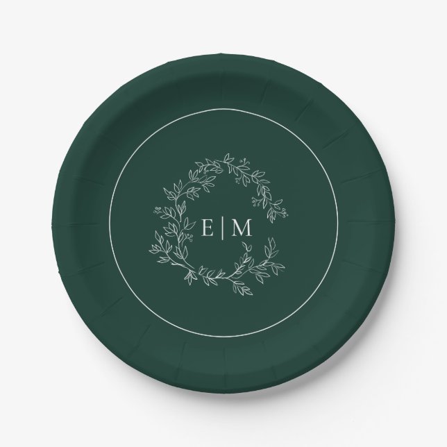 Modern Emerald Green Leafy Crest Monogram Wedding Paper Plates (Front)