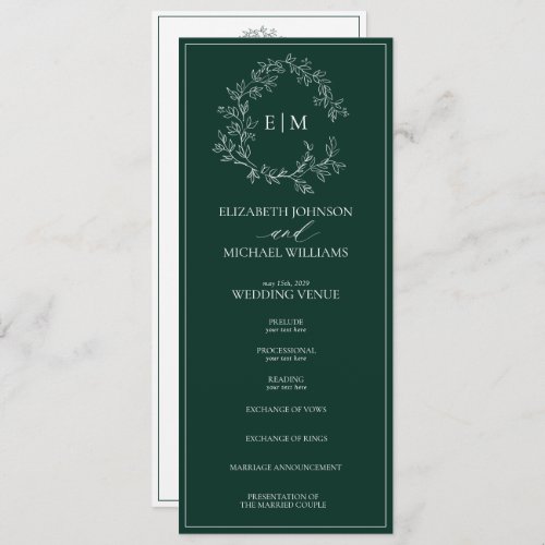 Modern Emerald Green Leafy Crest Monogram Wedding Program