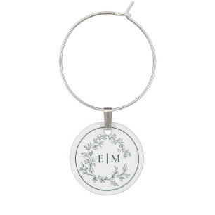 Modern Emerald Green Leafy Crest Monogram Wedding Wine Charm
