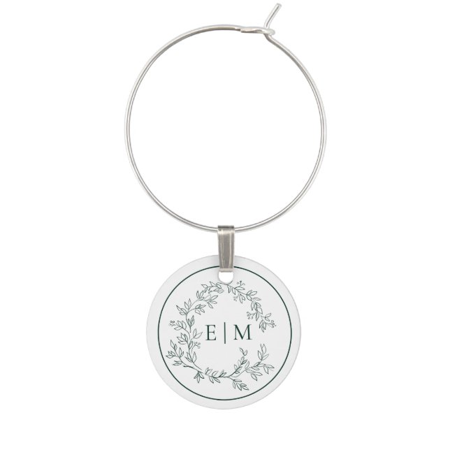 Modern Emerald Green Leafy Crest Monogram Wedding Wine Charm (Front)