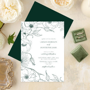Modern Emerald Green Line Art Floral Wedding Invitation