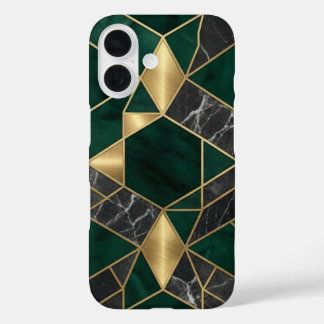 Modern Emerald Green Malachite Marble and Brass iPhone 16 Case
