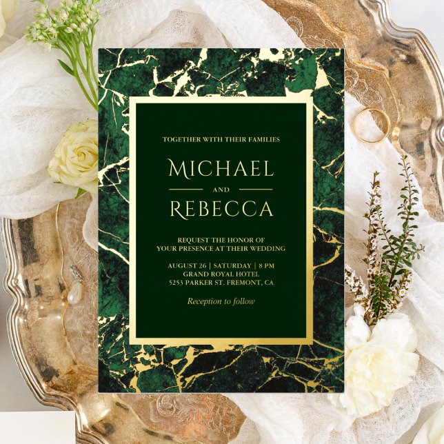 Modern Emerald Green Marble Photo Wedding Gold Foil Invitation (Creator Uploaded)