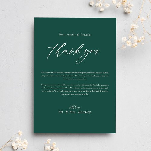 Modern Emerald Green Minimal Calligraphy Wedding Thank You Card