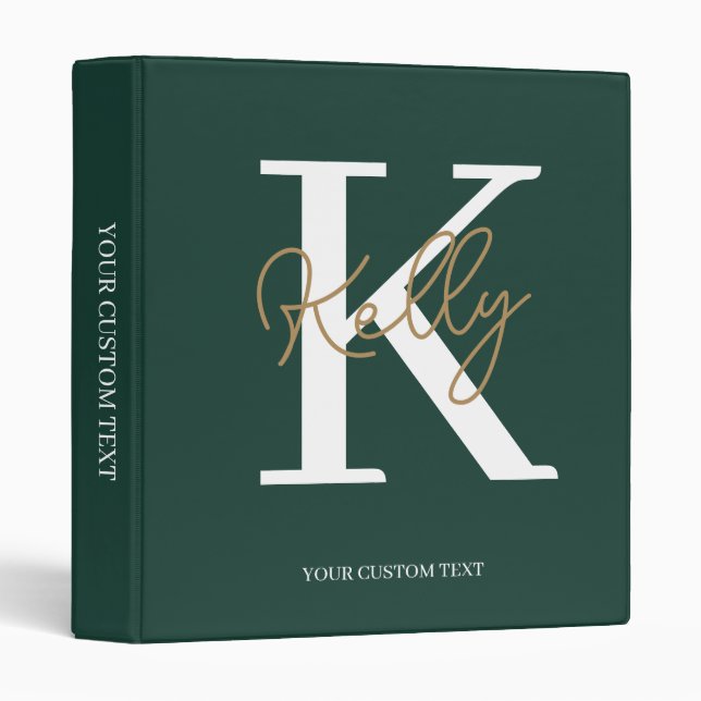 Modern Emerald Green Monogram Script 3 Ring Binder (Front/Spine)