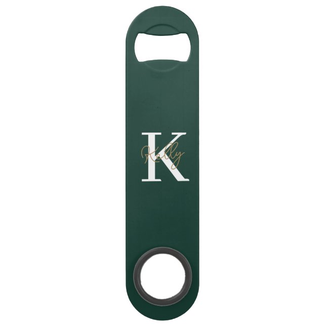Modern Emerald Green Monogram Script Bar Key (Front)
