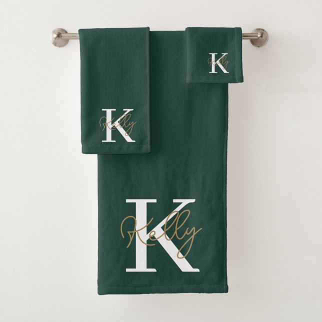 Modern Emerald Green Monogram Script Bath Towel Set (Insitu)
