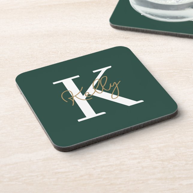 Modern Emerald Green Monogram Script Beverage Coaster (Left Side)
