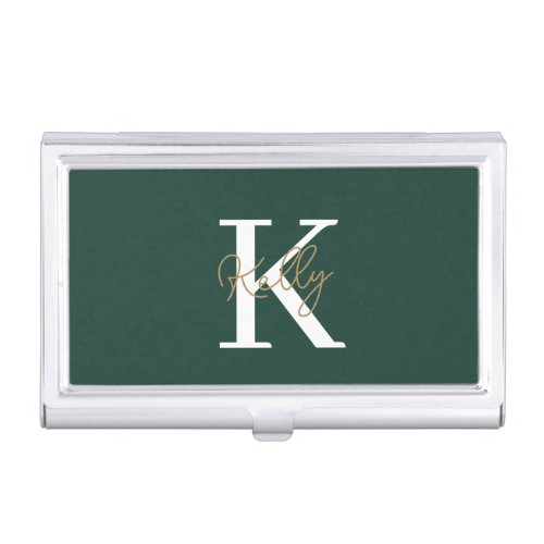 Modern Emerald Green Monogram Script Business Card Case