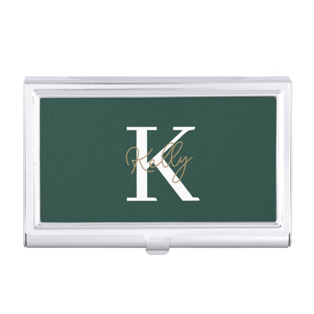 Modern Emerald Green Monogram Script Business Card Case (Front)