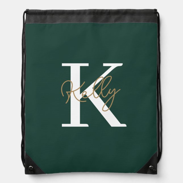 Modern Emerald Green Monogram Script Drawstring Bag (Front)