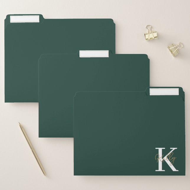 Modern Emerald Green Monogram Script File Folder (Set)