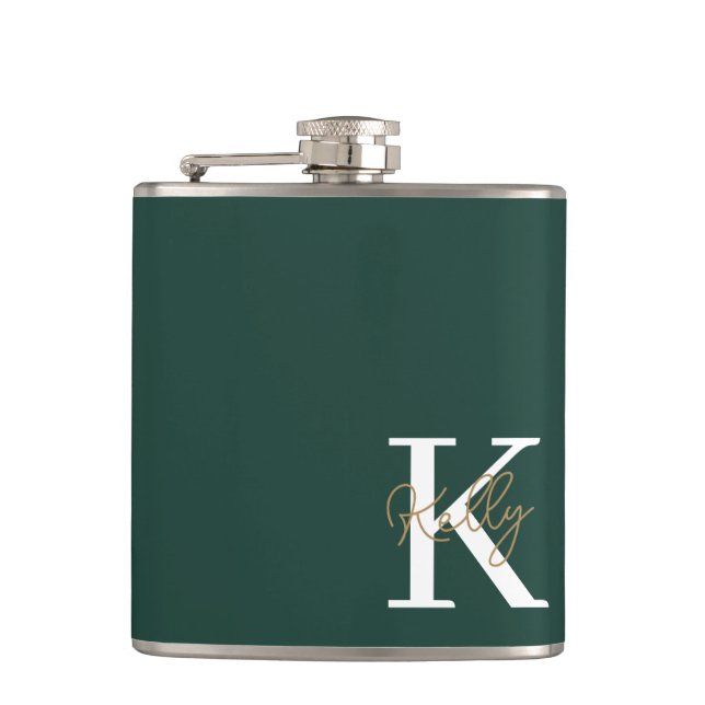Modern Emerald Green Monogram Script Flask (Front)