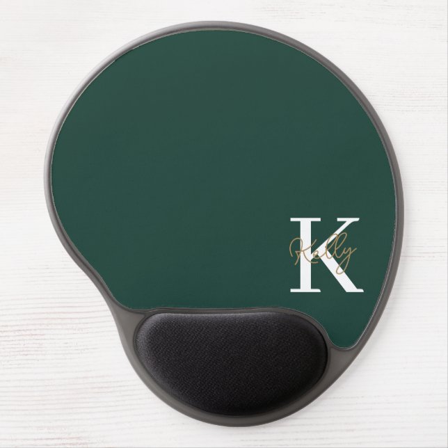 Modern Emerald Green Monogram Script Gel Mouse Pad (Front)