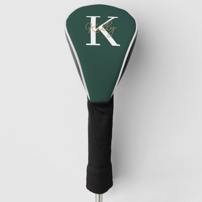 Modern Emerald Green Monogram Script Golf Head Cover (Front)