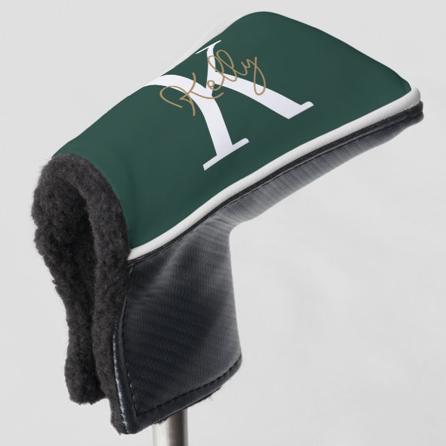Modern Emerald Green Monogram Script Golf Head Cover (3/4 Front)