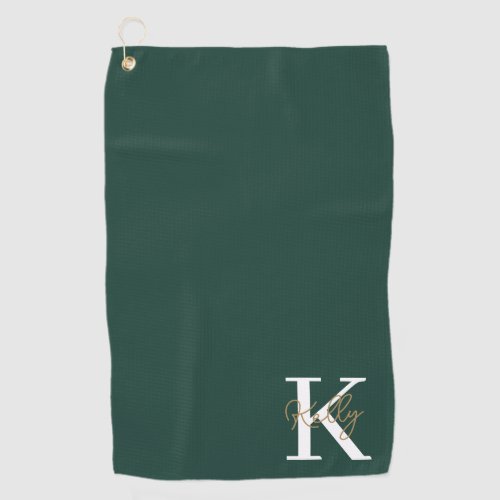 Modern Emerald Green Monogram Script Golf Towel
