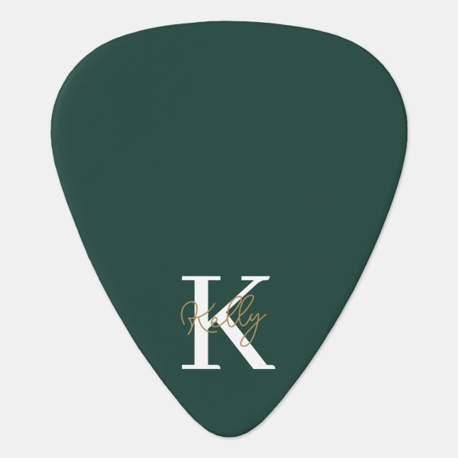 Modern Emerald Green Monogram Script Guitar Pick (Front)