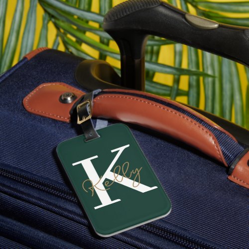 Modern Emerald Green Monogram Script Luggage Tag
