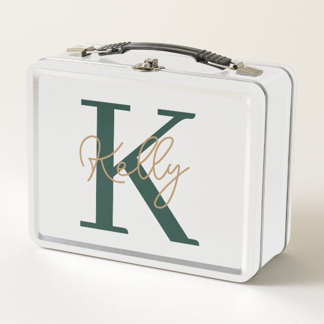 Modern Emerald Green Monogram Script Metal Lunch Box (Front)