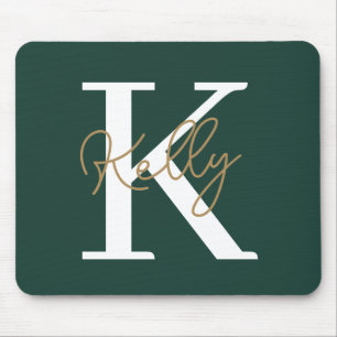 Modern Emerald Green Monogram Script Mouse Pad