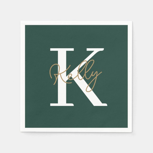 Modern Emerald Green Monogram Script Napkins (Front)