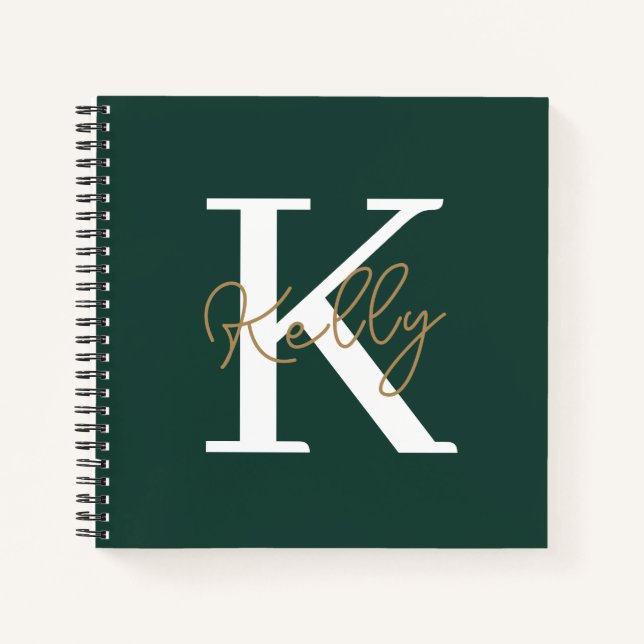 Modern Emerald Green Monogram Script Notebook (Front)