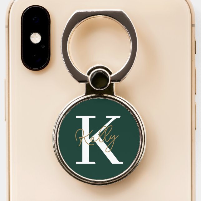 Modern Emerald Green Monogram Script Phone Ring Stand (Close Up)