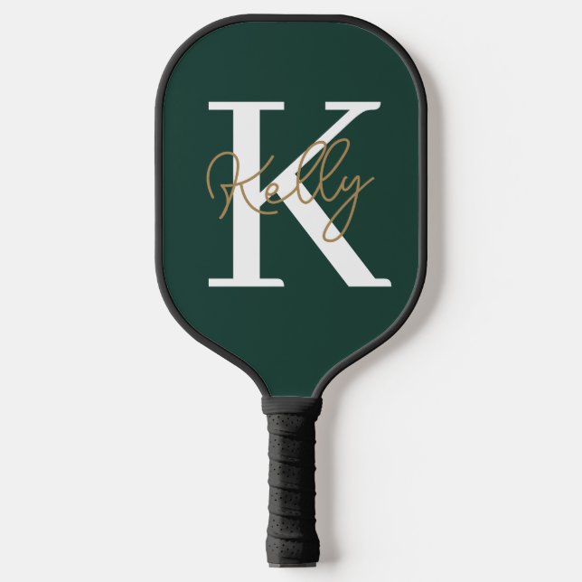 Modern Emerald Green Monogram Script Pickleball Paddle (Front)