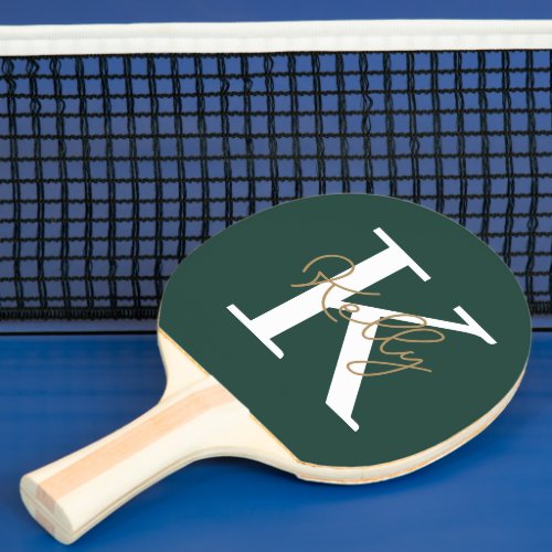 Modern Emerald Green Monogram Script Ping Pong Paddle