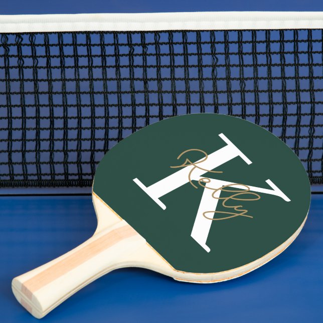 Modern Emerald Green Monogram Script Ping Pong Paddle (Insitu)