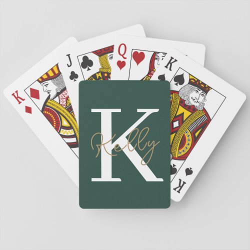 Modern Emerald Green Monogram Script Playing Cards