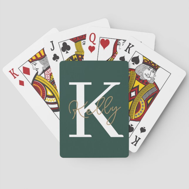 Modern Emerald Green Monogram Script Poker Cards (Back)