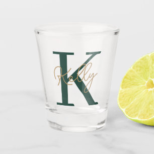 Modern Emerald Green Monogram Script Shot Glass