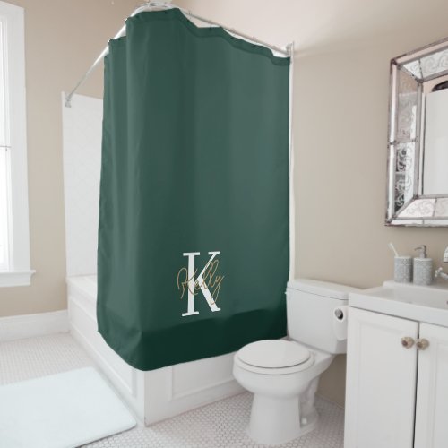 Modern Emerald Green Monogram Script Shower Curtain