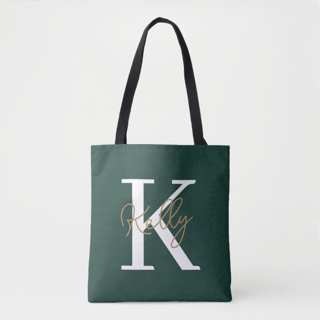 Modern Emerald Green Monogram Script Tote Bag (Front)